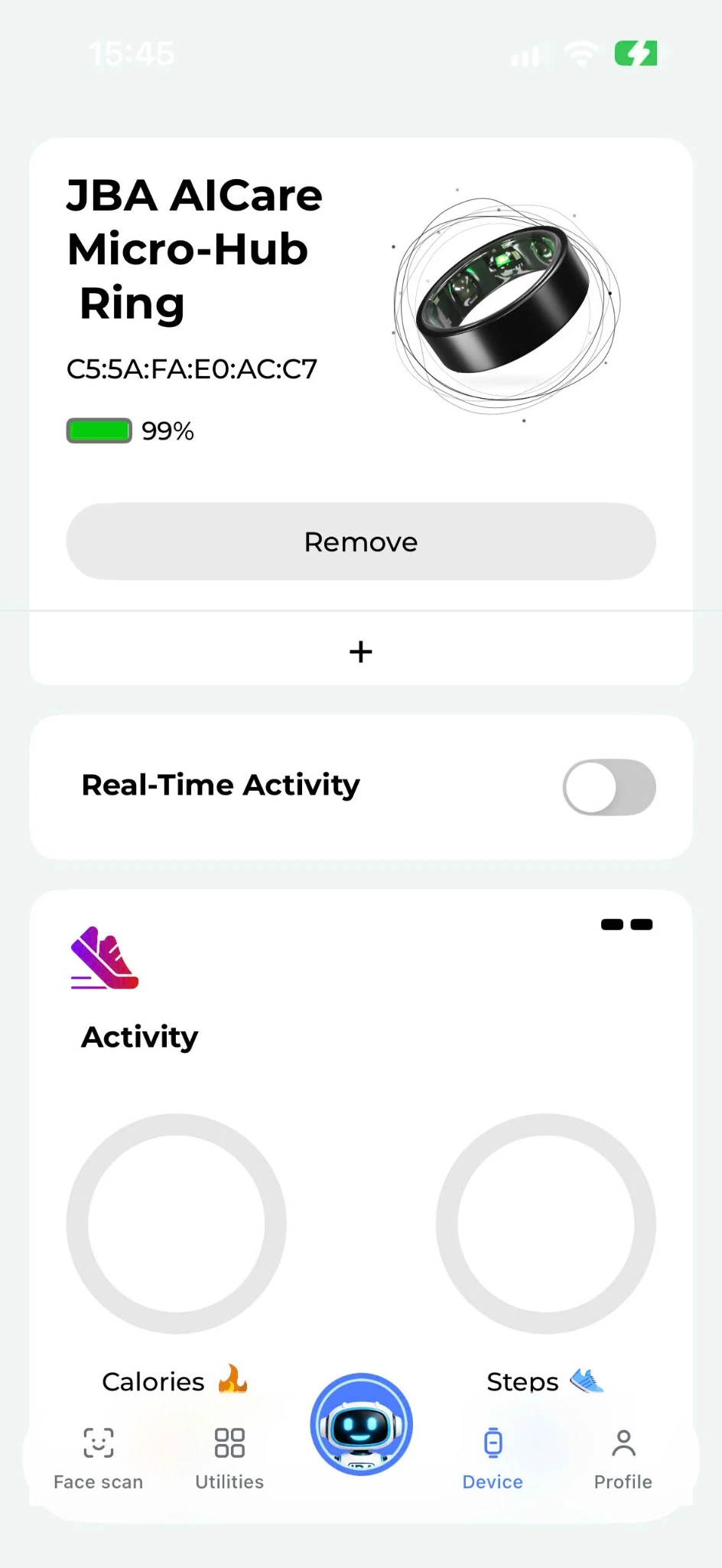 JBA AICare app screen showing connected ring