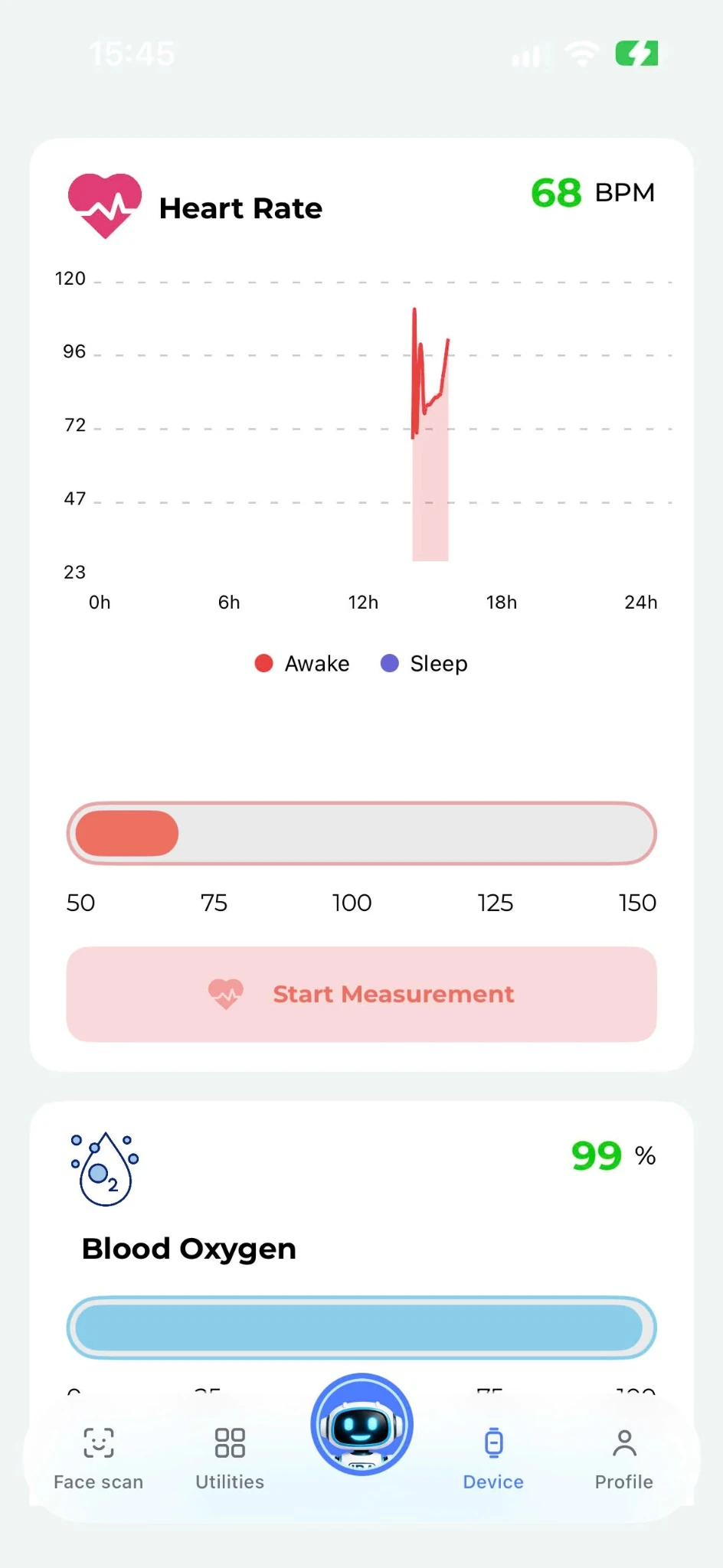 JBA AICare app heart rate and blood oxygen screen