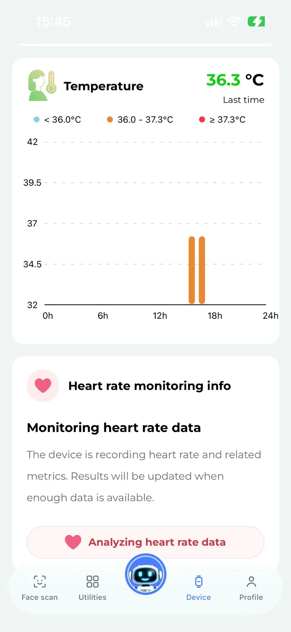 JBA AICare app temperature and monitoring screen