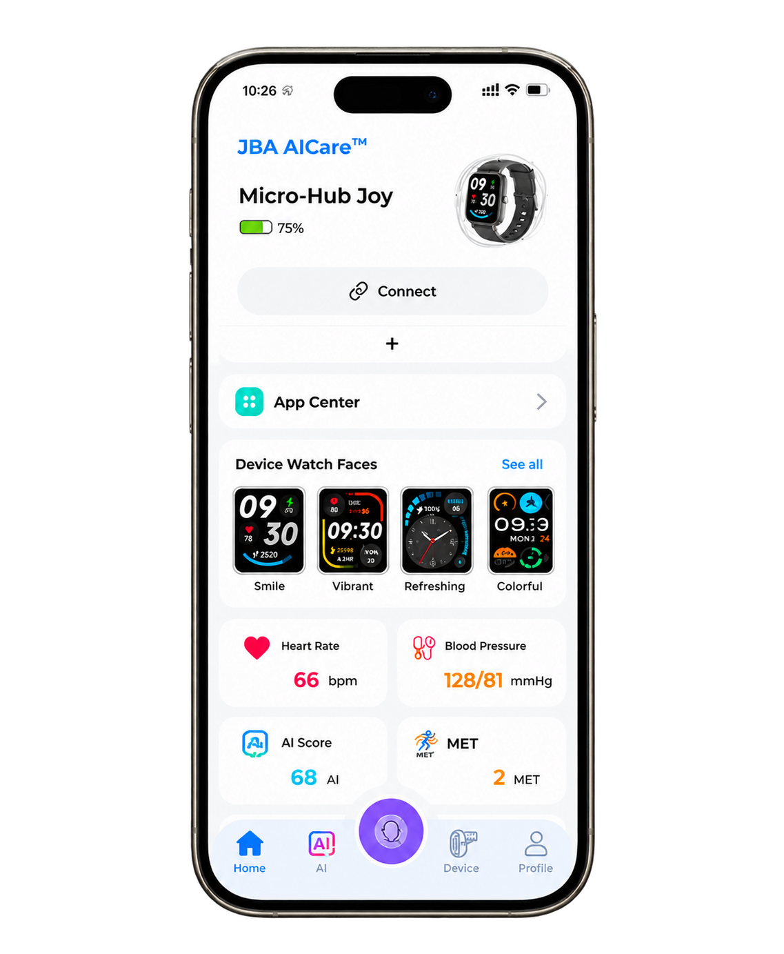 JBA AICare app connected to JOY Band